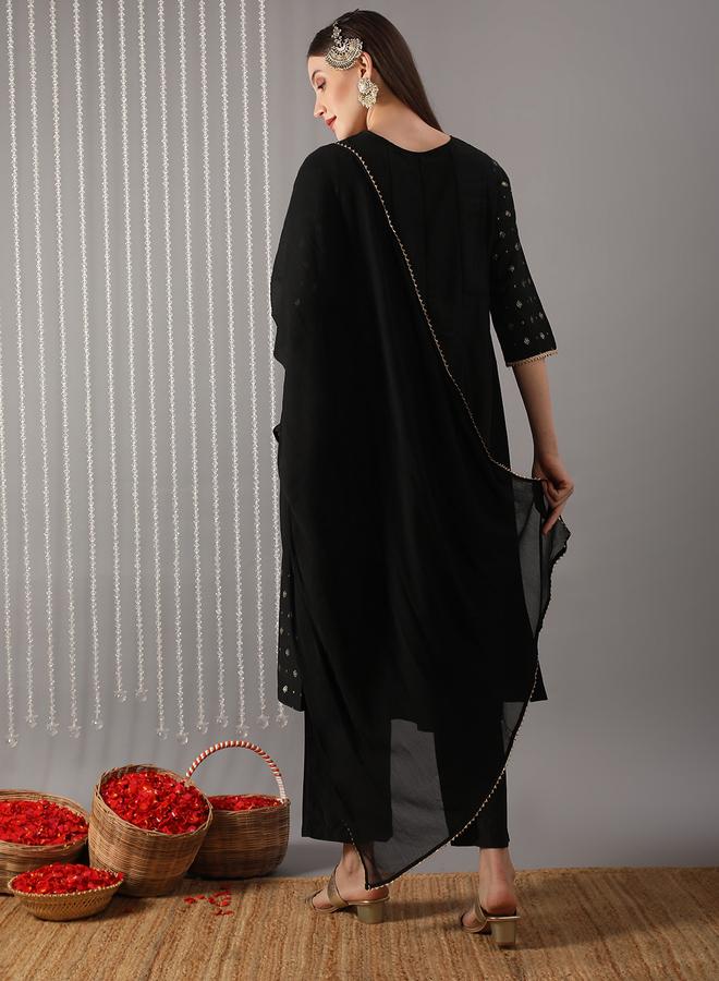 globus Women Black V-Neck Embroidered Gold Foil Kurta with Pant and Dupatta Set - Image 2